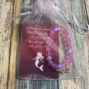 Pink Glass Beaded Elastic Bracelet with Mermaid Charm in Organza Bag with Card